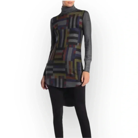 Go Couture Geometric Print Turtleneck High-Low Sweater Tunic Gray XL - Picture 1 of 12